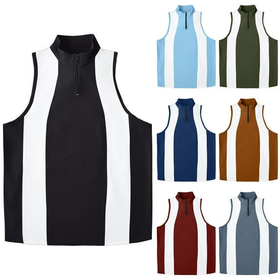 Hvyesh Color Block Tank Tops for Men Half Zip Sleeveless Golf Shirt Elastic Mock Neck Gym Sports Tees