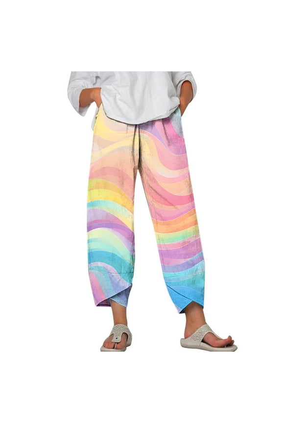 Cotton Linen Capri Pants Women Summer Elastic Waist Casual Hawaiian Tropical Print Straight Lightweight Cropped Pants