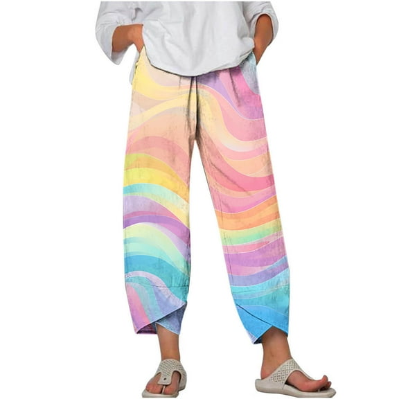 Hvyesh Cotton Linen Capri Pants Women Summer Elastic Waist Casual Hawaiian Tropical Print Straight Lightweight Cropped Pants