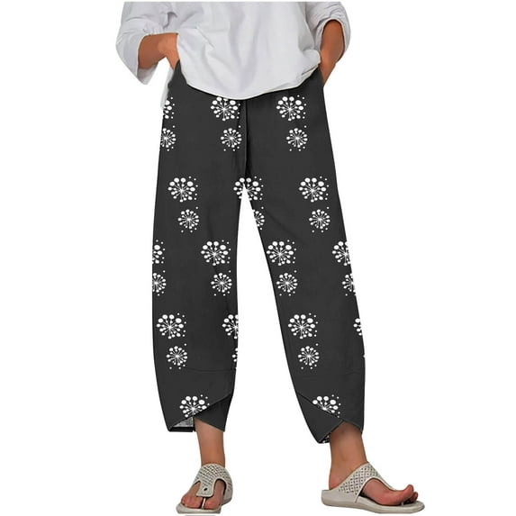 Hvyesh Cotton Linen Capri Pants Women Summer Elastic Waist Casual Hawaiian Tropical Print Straight Lightweight Cropped Pants