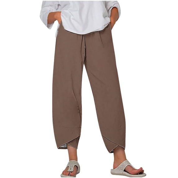 Hvyesh Cotton Linen Capri Pants Women Summer Elastic Waist Casual Hawaiian Tropical Print Straight Lightweight Cropped Pants