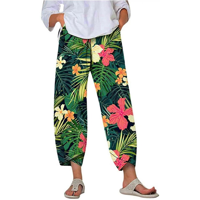 Hvyesh Cotton Linen Capri Pants Women Summer Elastic Waist Casual Hawaiian  Tropical Print Straight Lightweight Cropped Pants 