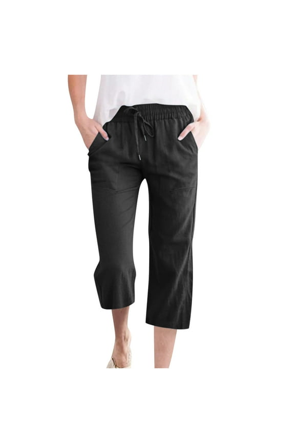 Cotton Linen Capri Pants for Women Summer Drawstring High Waist Lounge Pants Plus Size Beach Pants Hiking Capris