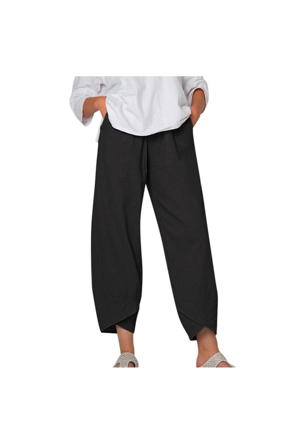Cotton Linen Capris for Womens Plus Size Casual Elastic Waist Beach Pants Comfy Lightweight Summer Drawstring Capri with Pockets