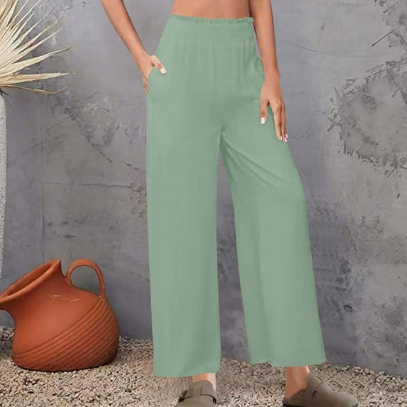 Hvyesh Cotton Linen Pants for Women Wide Leg High Waist Palazzo Pant Stretch Casual Work Pants Summer Lounge Pants with Pockets
