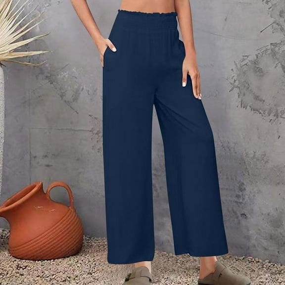 Hvyesh Cotton Linen Pants for Women Wide Leg High Waist Palazzo Pant Stretch Casual Work Pants Summer Lounge Pants with Pockets