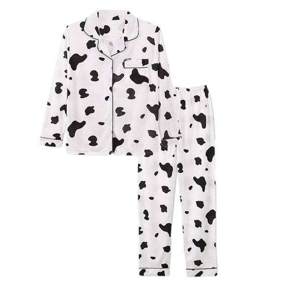 Hvyesh Cow Print Pajamas Sets for Women Casual Lapel Button Down Sleepwear Suit 2 Piece Long Sleeve Loungewear Sets with Pocket Comfy Soft Pajamas Sets White