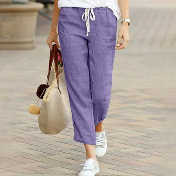 Hvyesh Cropped Linen Pants Women Summer Casual Elastic Waist Pants Loose Fit Straight Leg Crop Pants Beach Trousers with Pockets zcPurple,L