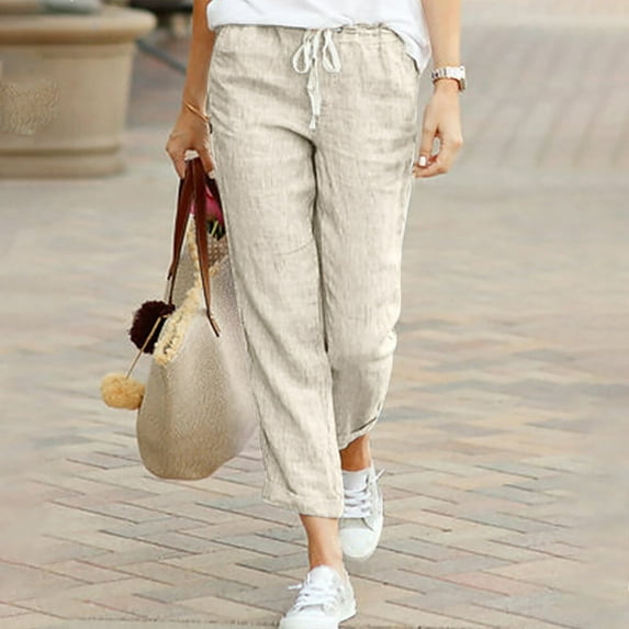Hvyesh Cropped Linen Pants Women Summer Casual Elastic Waist Pants Loose Fit Straight Leg Crop Pants Beach Trousers with Pockets