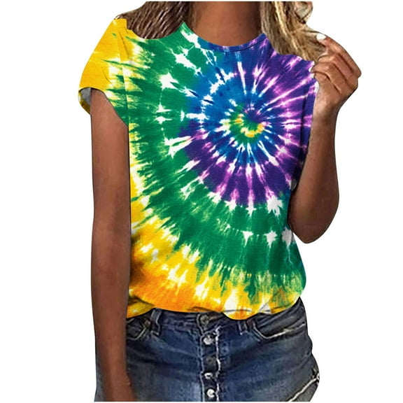 Hvyesh Cute Tie Dye Shirts for Women Hippie Tops Plus Size Crewneck Short Sleeve Tshirts 2025 Summer Color Block Blouses
