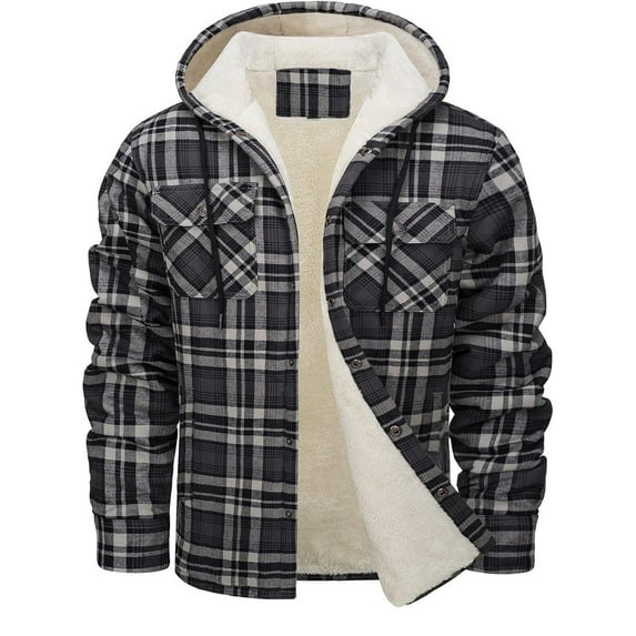 Hvyesh Deals Mens Quilted Lined Hoodie Plaid Flannel Shirt Jacket Button Down Long Sleeve Hooded Coat Winter Thick Thermal Cotton Warm Coat Outerwear with Pockets Gray S
