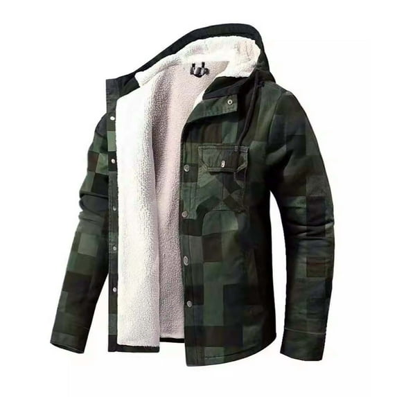Hvyesh Mens Quilted Lined Hoodie Plaid Flannel Shirt Jacket Button Down Long Sleeve Hooded Coat Winter Thick Thermal Cotton Warm Coat Outerwear with Pockets Army Green 4XL