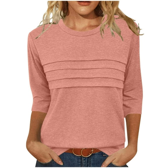 Hvyesh Elbow Length Tee Shirts for Women 3/4 Sleeve Tunic Tops Pleated Crew Neck T-Shirt Ladies Summer Spring Clothes Fashion Outfits