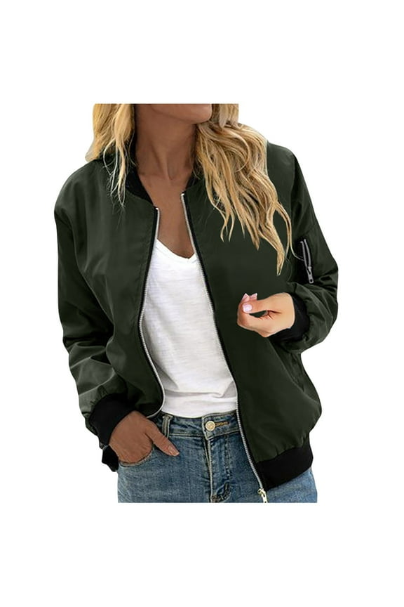 Fall Bomber Jacket for Women Casual Long Sleeve Short Outwear Tops Flight Zip Up Jacket with Pockets Solid Lightweight Coat for Women