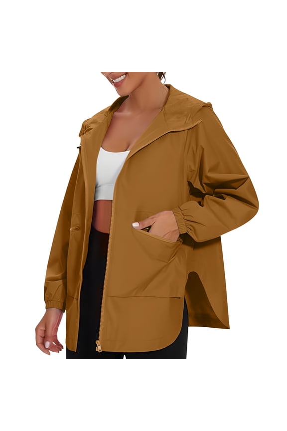 Fall Coats for Women 2025 Waterproof Raincoat Lightweight Zip Up Rain Jacket Split Hem Hooded Windbreaker With Pockets Yellow Jackets