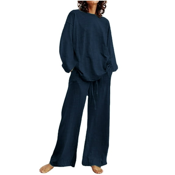 Hvyesh Fall Sets Plus Size Outfits for Women 2 Piece Linen Sets Oversized Boyfriend T Shirts Drawstring Wide Leg Pants Tracksuit Navy S