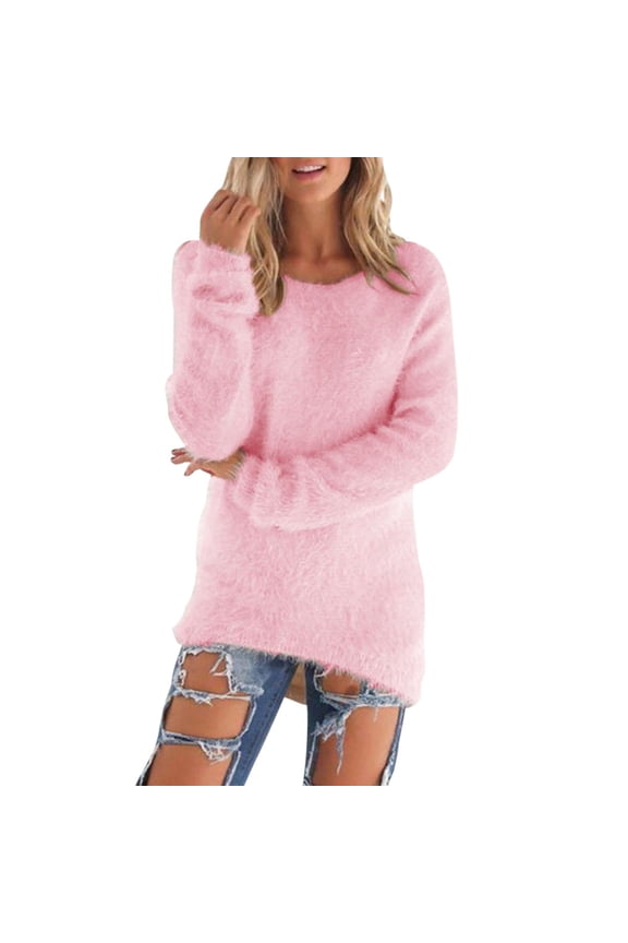 Fall Winter Tops for Women Long Sleeve Pullovers Fuzzy Fleece Sweatshirt Keep Warm Jumper Teddy Fluffy Tunic Top Solid Crewneck Sweaters