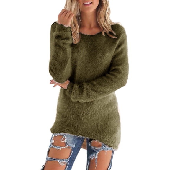 Hvyesh Fall Winter Tops for Women Long Sleeve Pullovers Fuzzy Fleece Sweatshirt Keep Warm Jumper Teddy Fluffy Tunic Top Solid Crewneck Sweaters