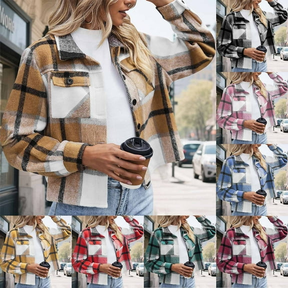 Hvyesh Flannel Coat for Women Cropped Shacket Jacket Fashion Plaid Button Down Shirt 2025 Casual Lapel Fall Coats