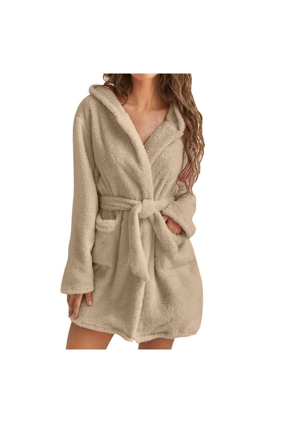 Flannel Fleece Bathrobe for Women Thigh Length Hooded Robe Soft Fuzzy Terry Cloth Robes Sleepwear Pajamas with Pockets