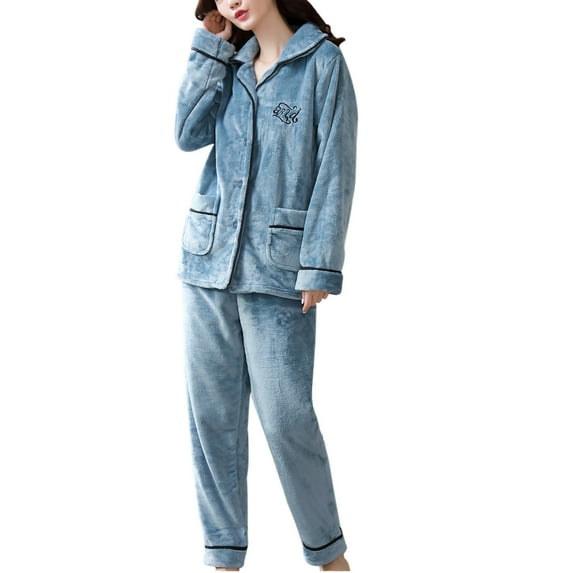 Hvyesh Flannel Nightgown for Women Plush Button Downs Long Sleeve Shirts and Long Pants 2PC Sets Soft Sleepwear Pajamas Warm Winter Loungewear Suit