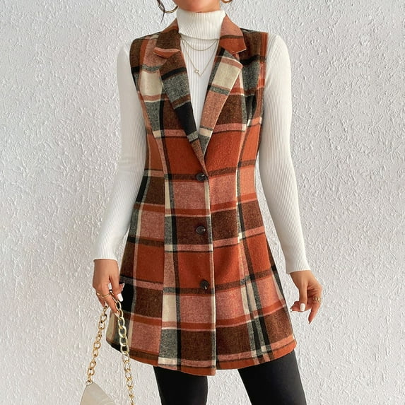 Hvyesh Flannel Vest for Women 2024 Fall Plaid Fleece Gilet Lightweight Long Elegant Jacket with Pockets