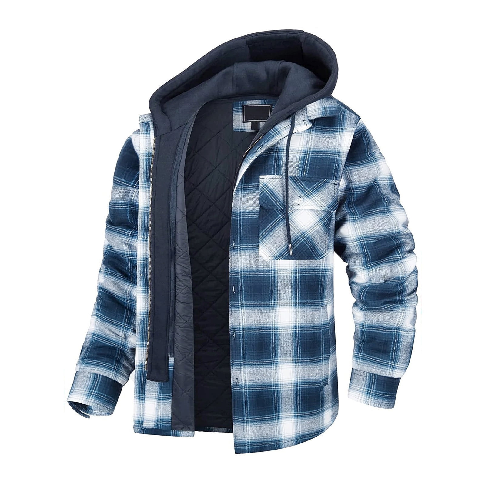 Men's Plaid Print Hooded Zip-Up Jacket Winter Thickened Cotton-padded Coat Warm Clothing