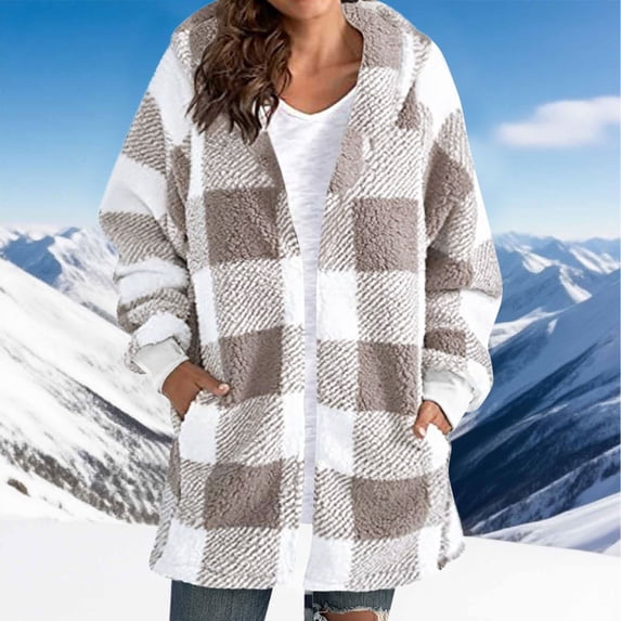 Hvyesh Fleece Jacket Women Trendy Plaid Long Sleeve Fuzzy Hooded Jackets Lightweight Warm Sherpa Winter Fall Coats