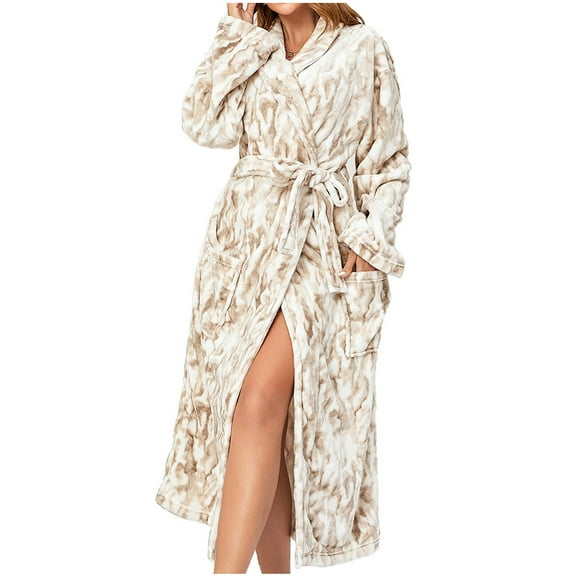 Hvyesh Fleece Robes for Women Leopard Print Bathrobe Full Length Plush Fleece Bathrobe Shawl Collar Spa Robe Housecoat