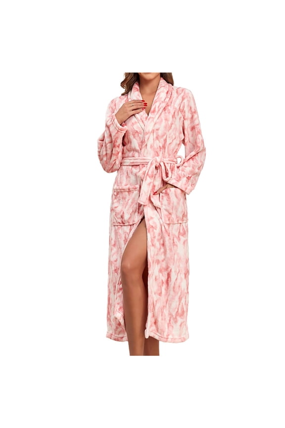 Fleece Robes for Women Leopard Print Bathrobe Full Length Plush Fleece Bathrobe Shawl Collar Spa Robe Housecoat