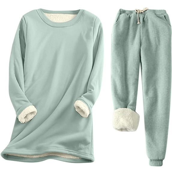Hvyesh Fleece Sweatsuit Womens 2 Piece Outfits Winter Womens Crewneck Sweatshirts Pullover Sherpa Lined Long Pants Sets Thermal Loungewear 2PC Sets