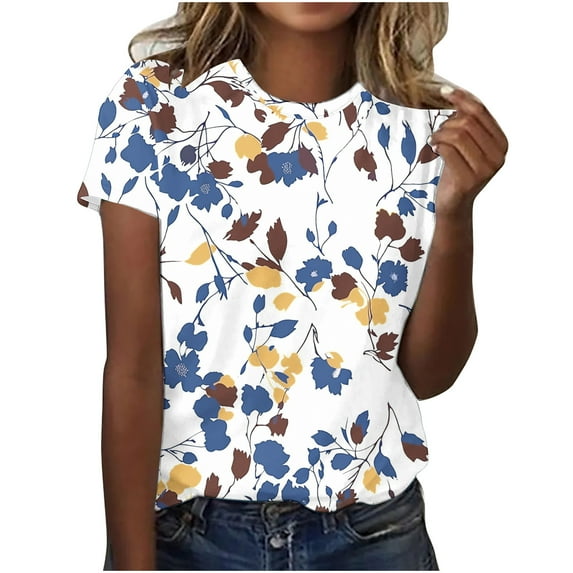 Hvyesh Floral T Shirt for Women Round Neck Graphic Tees Short Sleeve Casual Basic Tops 2025 Summer Regular Fit Blouses Tee