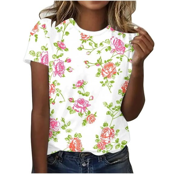Hvyesh Floral T Shirt for Women Round Neck Graphic Tees Short Sleeve Casual Basic Tops 2025 Summer Regular Fit Blouses Tee