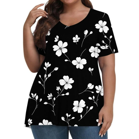 Hvyesh Floral Tops for Women Plus Size Summer Tops Loose Fit Short Sleeve Blouses Casual Crewneck Work Tees 2025 Outfits Promociones
