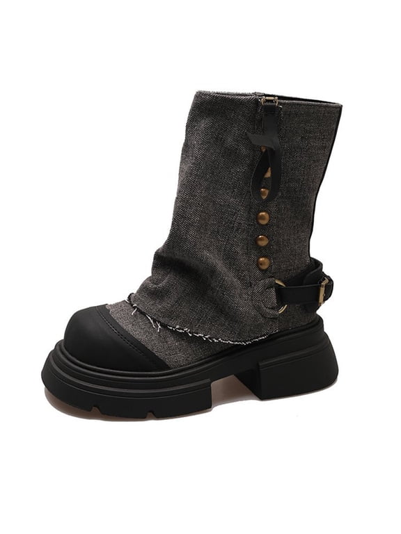 Fold Over Denim Boots for Women Lug Sole Chunky Wedge Heel Booties Goth Punk Zipper Mid Calf Booties Round Toe Dress Shoes,Boots for Women