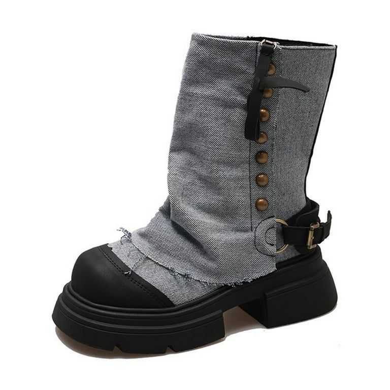 Hvyesh Fold Over Denim Boots for Women Lug Sole Chunky Platform Heel Booties Goth Punk Combat Zipper Mid Calf Booties Round Toe Dress Shoes Boots for