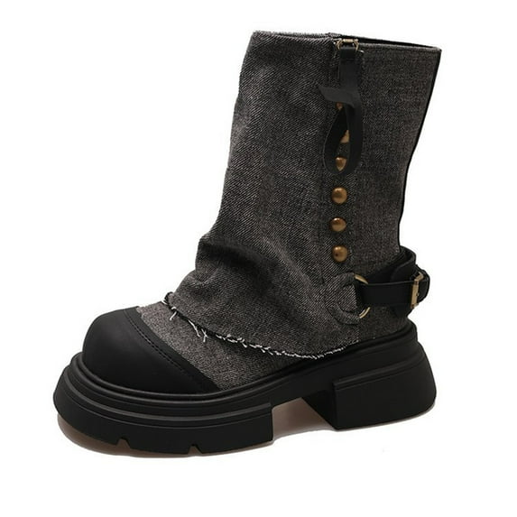 Hvyesh Fold Over Denim Boots for Women Lug Sole Chunky Platform Heel Booties Goth Punk Combat Zipper Mid Calf Booties Round Toe Dress Shoes