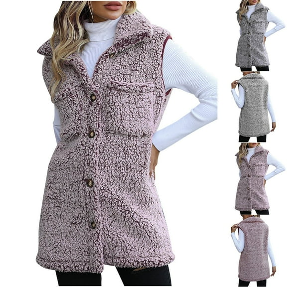 Hvyesh Fuzzy Fleece Vest for Women Button Down Hooded Sleeveless Sherpa Jacket Lightweight Warm Vest With Pockets Red Vest