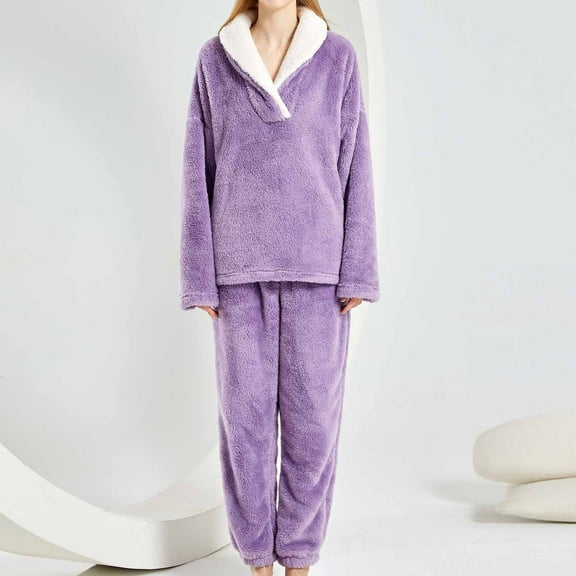 Hvyesh Fuzzy Pajamas Set for Women Winter Warm Fluffy Loungewear Soft Fleece Pj Pants 2 Piece Plush Sleepwear Lounge Tops Purple