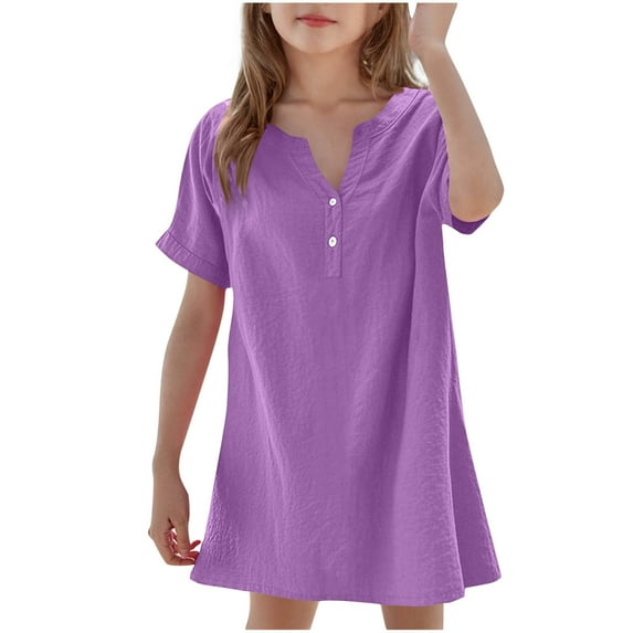 Hvyesh Girl's Summer T-Shirt Dress Solid Short Sleeve Casual Dress Summer V Neck Sundress Beack Dress for Teen Girls
