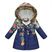 Hvyesh Girls' Winter Jacket - Puffer Parka Coat with Trim Hood - Toddler Girls Winter Coat Jacket - Flower Print Outwear Warm Cotton Puffer Hooded Jacket 2-11 t