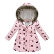 Hvyesh Girls' Winter Jacket - Puffer Parka Coat with Trim Hood - Toddler Girls Winter Coat Jacket - Flower Print Outwear Warm Cotton Puffer Hooded Jacket 2-11 t