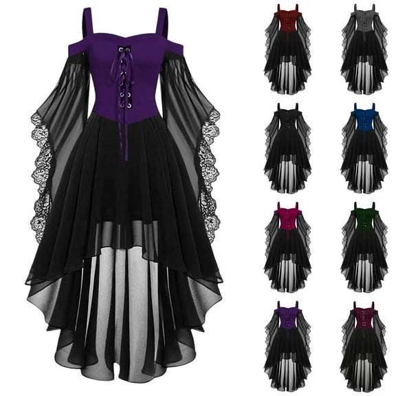 Hvyesh Halloween Dress for Women Renaissance Medieval Midi Dress Lace Up Cold Shoulder Gothic Dress