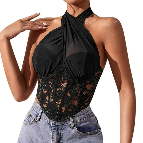 Hvyesh Halter Neck Corset Tops for Women Lace Floral Overbust Bodice Vintage Backless Lace Up Shapewear Crop Top for Photoshoots Black