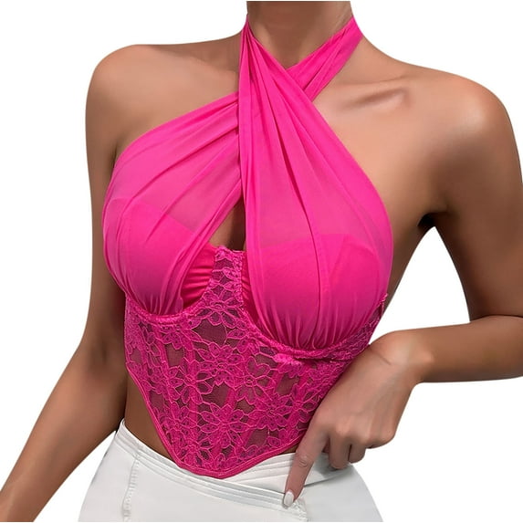 Hvyesh Halter Neck Corset Tops for Women Lace Floral Overbust Bodice Vintage Backless Lace Up Shapewear Crop Top for Photoshoots Hot Pink