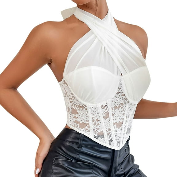 Hvyesh Halter Neck Corset Tops for Women Lace Floral Overbust Bodice Vintage Backless Lace Up Shapewear Crop Top for Photoshoots White