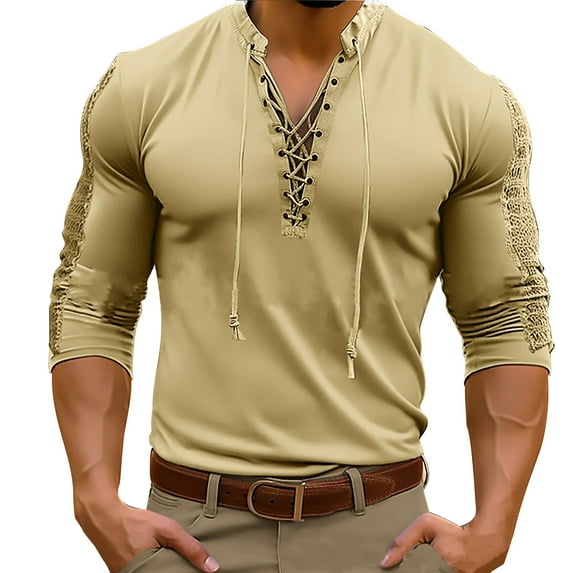 Hvyesh Henley Shirt for Men Lace Up Drawstring Sport T Shirt Casual Long Sleeve Pullover Tops