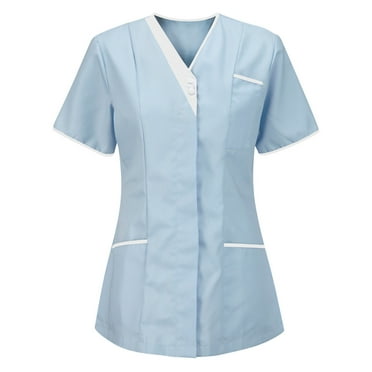 Hvyesh Holiday Scrub Tops for Women Solid Short Sleeve Medical Scrub Tops with Pocket Stretchy V Neck Front Button Up Workwear