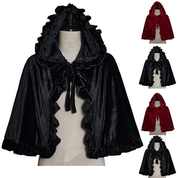 Hvyesh Hood Cape Women Grils Red Velvet Cape Puffer Hem Lace Up Cloak Halloween Costume Capes