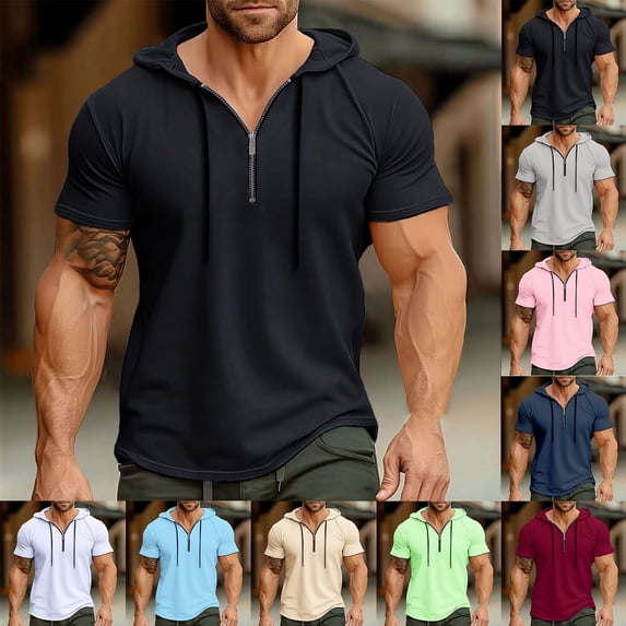 Hvyesh Hoodies Mens Quarter Zipper Short Sleeve Hooded T-Shirts Drawstring Lightweight V Neck Pullover Summer Athletic Shirt